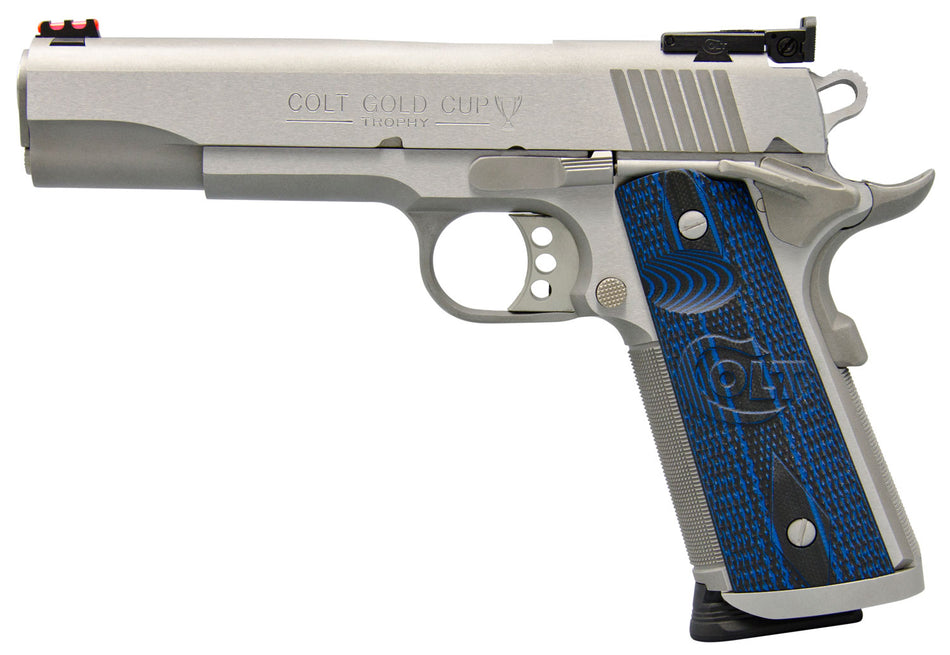 Colt Mfg O5070XE Gold Cup Trophy 45 ACP 8+1 5" Steel Barrel, Stainless Steel Serrated Slide & Frame w/Beavertail, Competition Blue G10 Grips, Right Hand