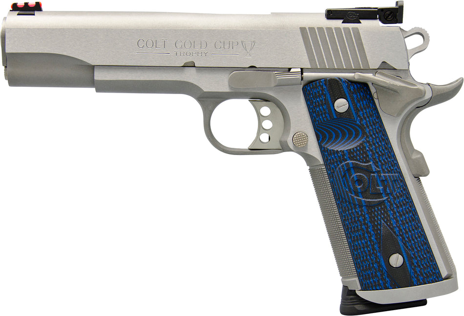 Colt Mfg O5072XE Gold Cup Trophy 9mm Luger 9+1 5" Steel Barrel, Stainless Steel Serrated Slide & Frame w/Beavertail, Competition Blue G10 Grips, Ambidextrous