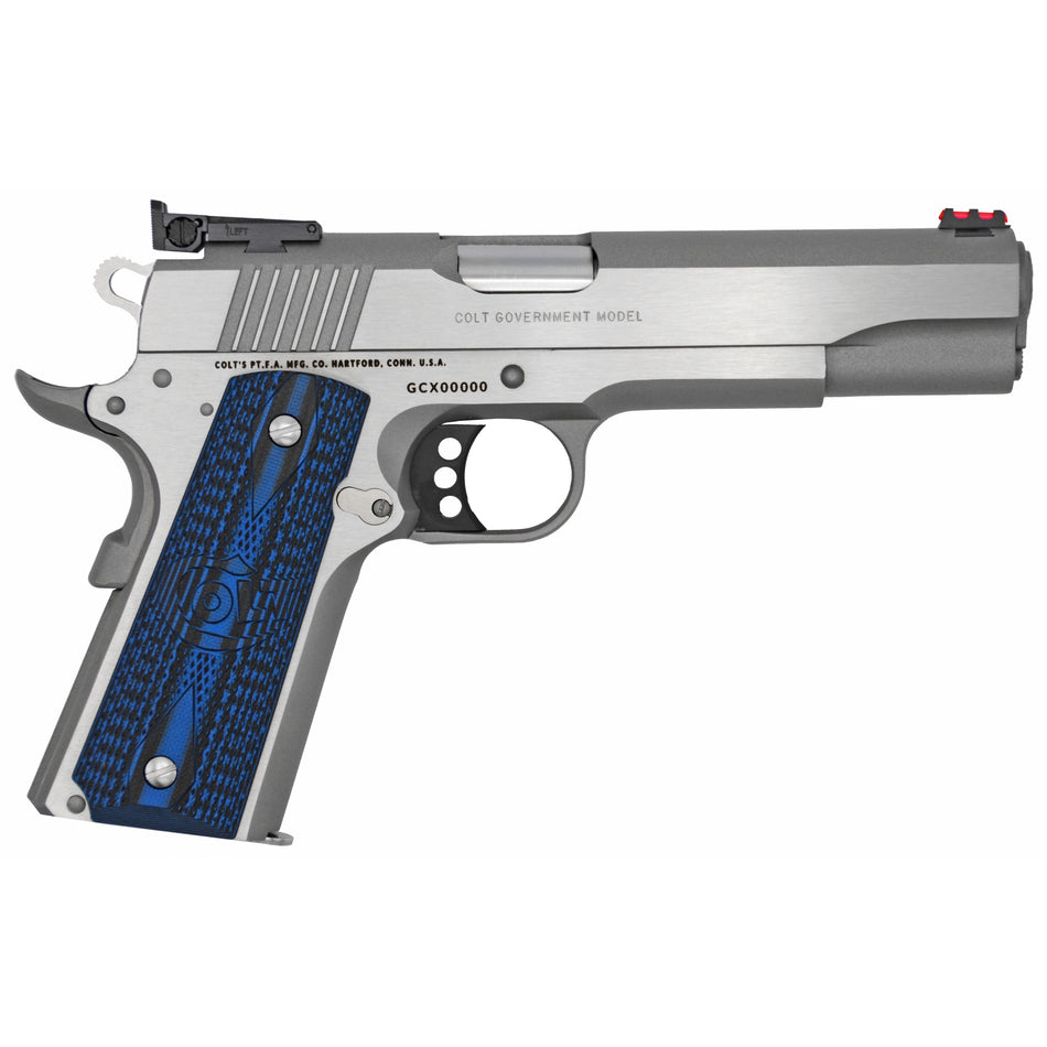 Colt Mfg O5072GCL Gold Cup Lite 9mm Luger 8+1 5" Stainless National Match Barrel, Stainless Steel Serrated Slide, Stainless Steel Frame w/Beavertail, Blue Scalloped G10 Grip, Ambidextrous
