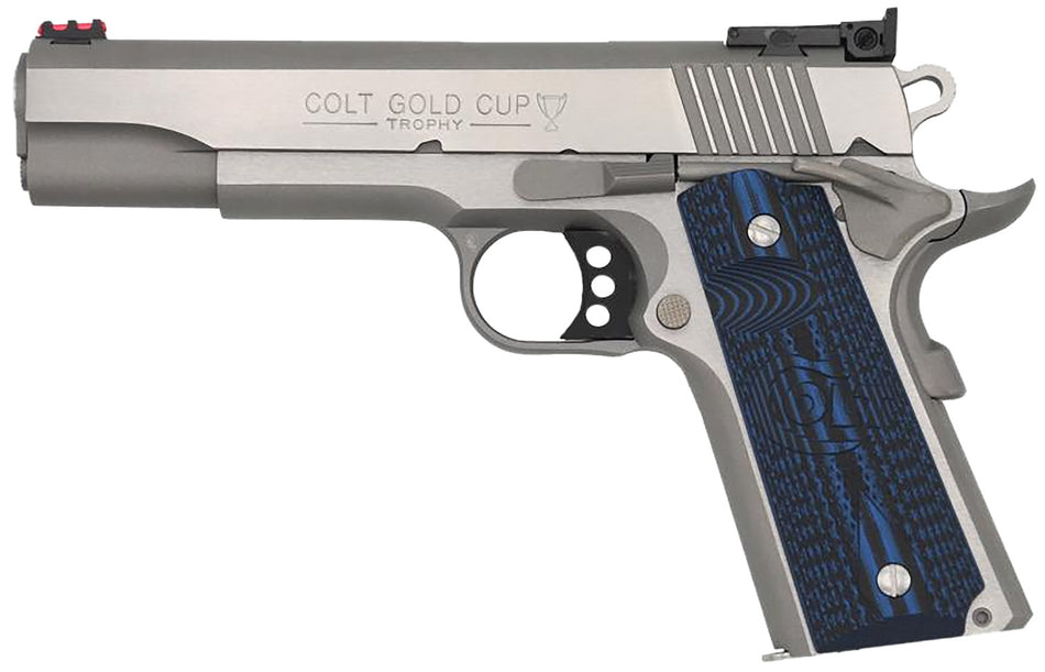 Colt Mfg O5073GCL Gold Cup Lite 38 Super 8+1 5" Stainless National Match Barrel, Stainless Steel Serrated Slide, Stainless Steel Frame w/Beavertail, Blue Scalloped G10 Grip, Ambidextrous
