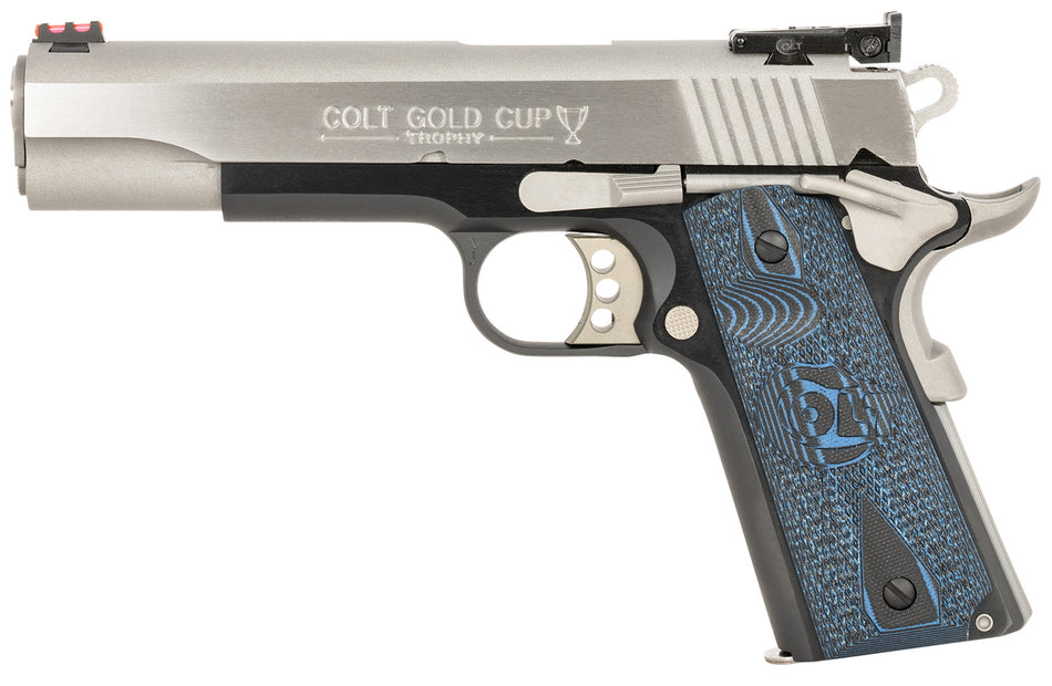Colt Mfg O5970GCLTT Gold Cup Lite 45 ACP 8+1 5" Stainless National Match Barrel, Brushed Stainless Serrated Slide, Black/Stainless Stainless Steel Frame w/Beavertail, Blue Scalloped Checkered G10 Grip