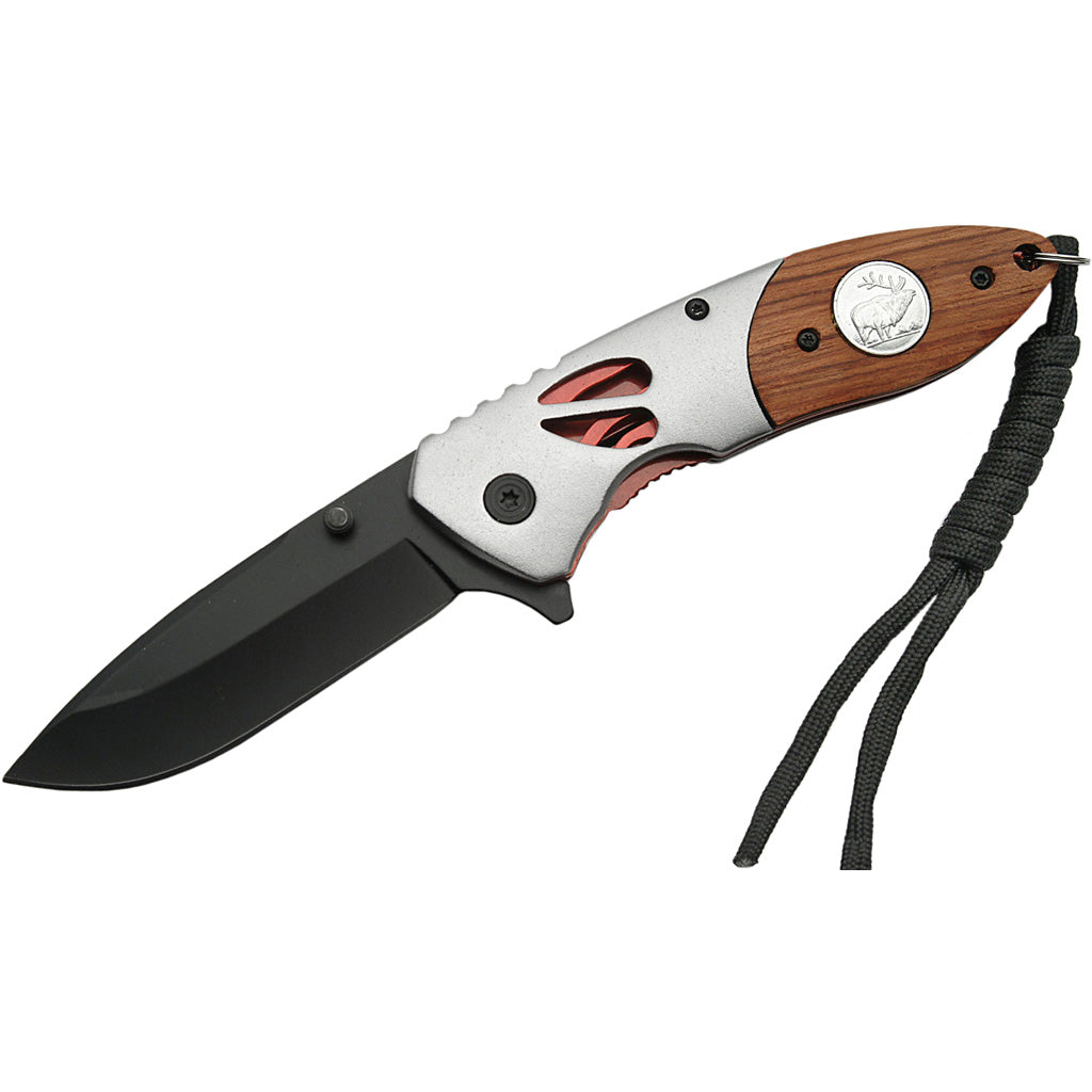 SZCO Deer Imprint Pocket Knife 4.5" Closed with Decorative Wood Handle