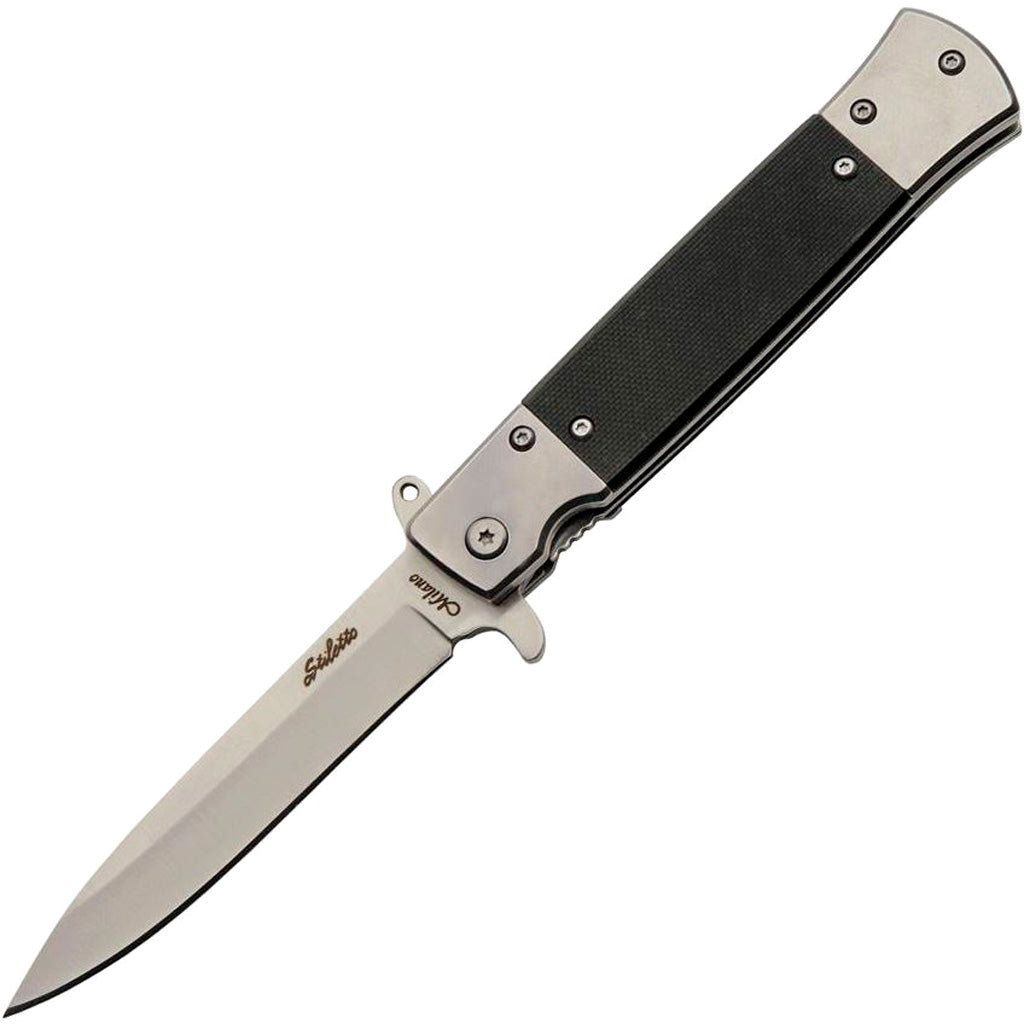 SZCO Silver Stiletto Pocket Knife 4.75" Closed Black G10 Handle Belt Clip