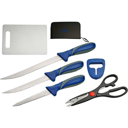 SZCO Six-Piece Filet Knife Set with Serrated Scaler Sharpener and Scissors