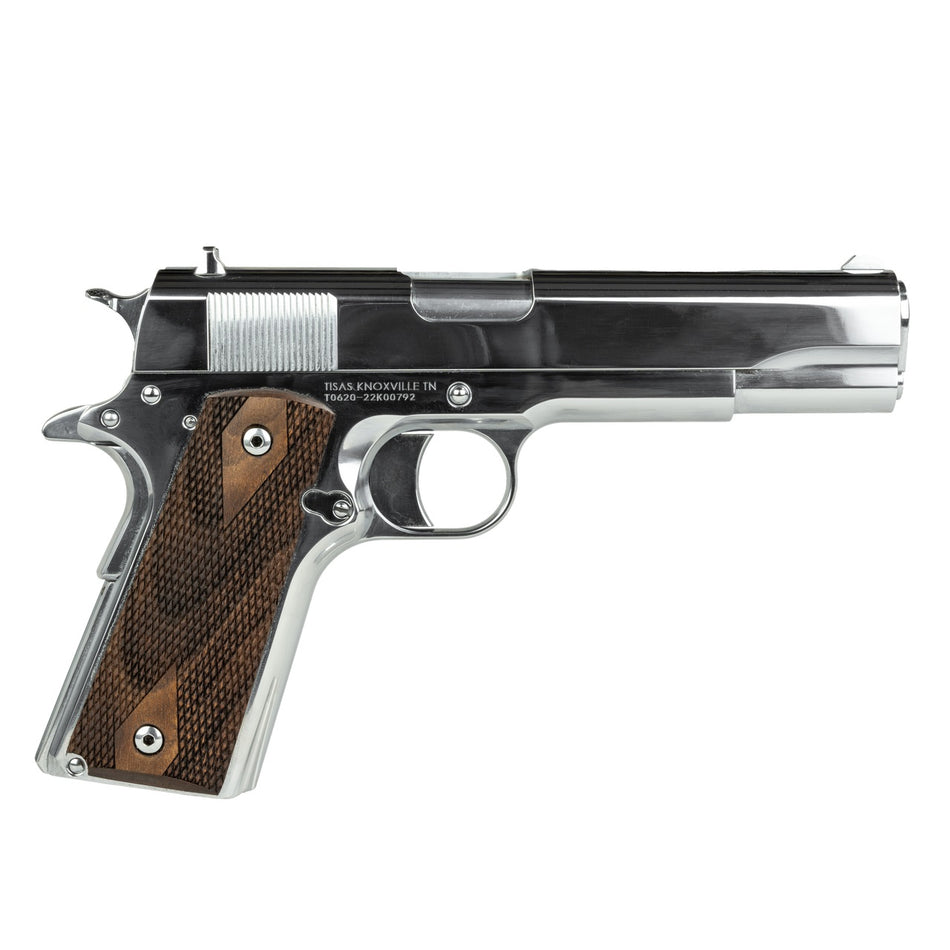 Tisas 10100513 1911 Regulator Full Size Frame 9mm Luger/38 Super 9+1 5" Stainless Steel Barrel, Polished Chrome Steel Serrated Slide, Chrome High Polished Steel Frame w/Beavertail, Turkish Walnut Grip