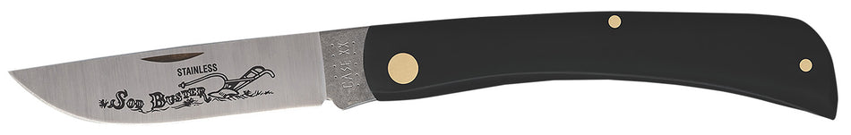 Case 00092 Sod Buster Pocket Knife 3.70" Etched Tru-Sharp SS Skinner Blade, Smooth Black Synthetic Handle