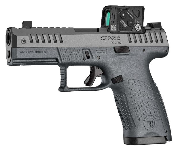 CZ-USA 01582 P-10 C w/Optic Compact Frame 9mm Luger 10+1 4" Black Nitride Integral Compensator Barrel, Black Nitride Steel Serrated w/Optic Slide, Black Polymer Frame w/Accessory Rail Textured Grip, A