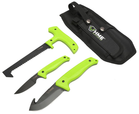 HME 3-Piece Fixed Blade Field Kit 420HC Steel Black Oxide Blades Green Thermoplastic Rubber Handles Includes Gut Hook, Saw & Caper
