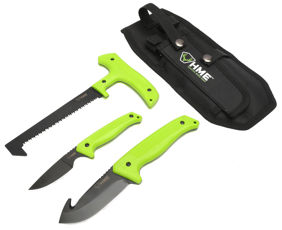 HME 3-Piece Fixed Blade Field Kit 420HC Steel Black Oxide Blades Green Thermoplastic Rubber Handles Includes Gut Hook, Saw & Caper