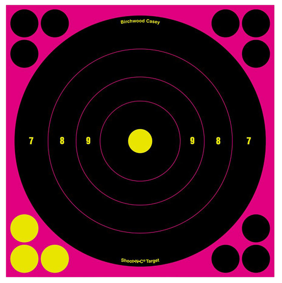 Birchwood Casey Shoot-N-C Reactive Bullseye Target 8" Black and Pink Self-Adhesive 6 Pack
