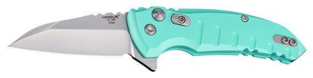 Hogue 24163 X1 MicroFlip 2.75" Wharncliffe Folding Pocket Knife, Polished 154CM Stainless Blade, Aquamarine Aluminum Handle