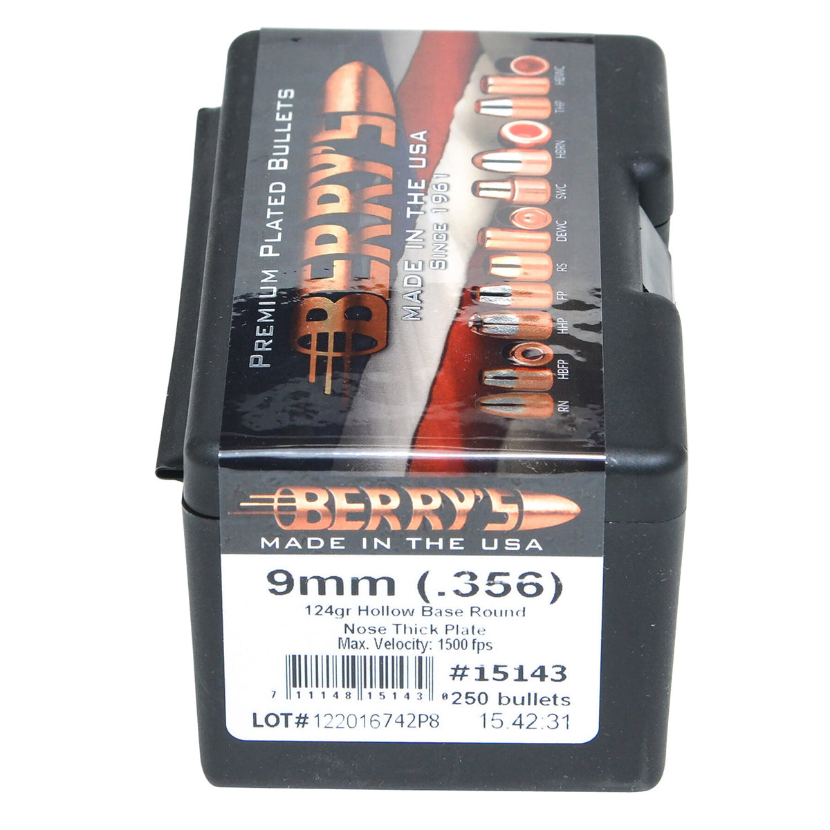 Berry's 15143 Superior Pistol 9mm/.356 124gr Hollow Base Round Nose Thick Plate Bullets 250/Box