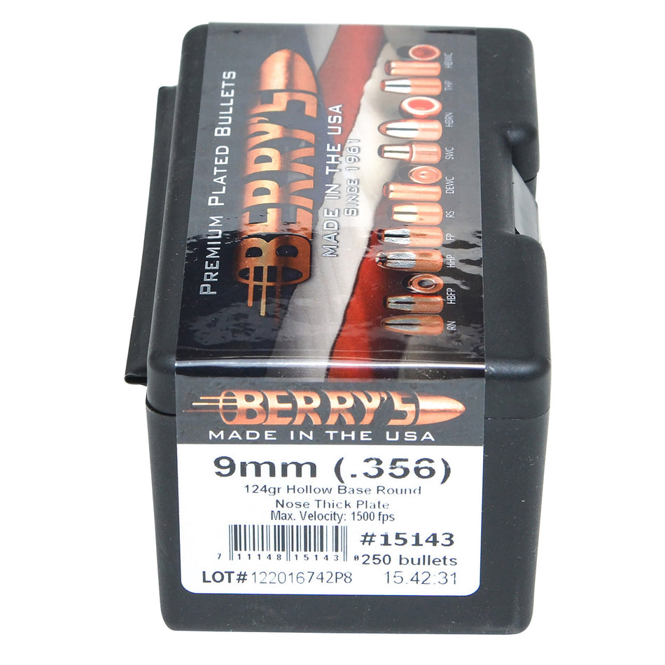 Berry's 15143 Superior Pistol 9mm/.356 124gr Hollow Base Round Nose Thick Plate Bullets 250/Box