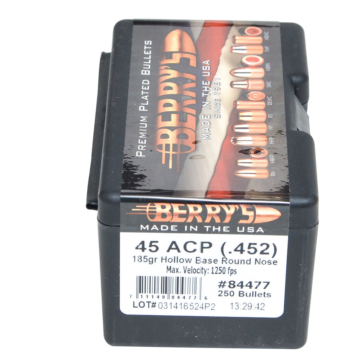 Berry's 84477 Superior Pistol 45 Cal 185gr Hollow Base Round Nose Plated Bullets 250/Box