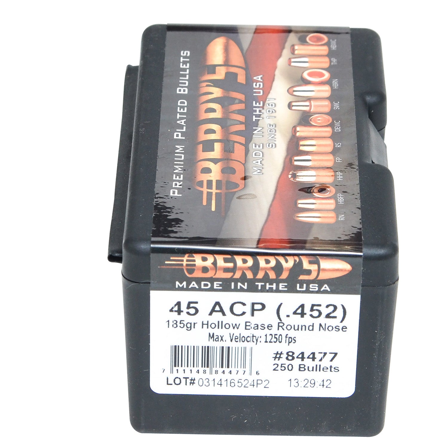 Berry's 84477 Superior Pistol 45 Cal 185gr Hollow Base Round Nose Plated Bullets 250/Box