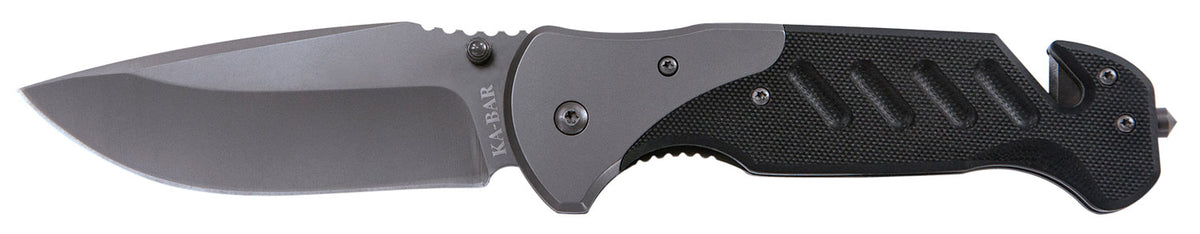 Ka-Bar Coypu 3085 Folder, 3.75" Stonewashed Clip Point Blade, Black G10 Grip, Seat Belt Cutter & Glass Breaker