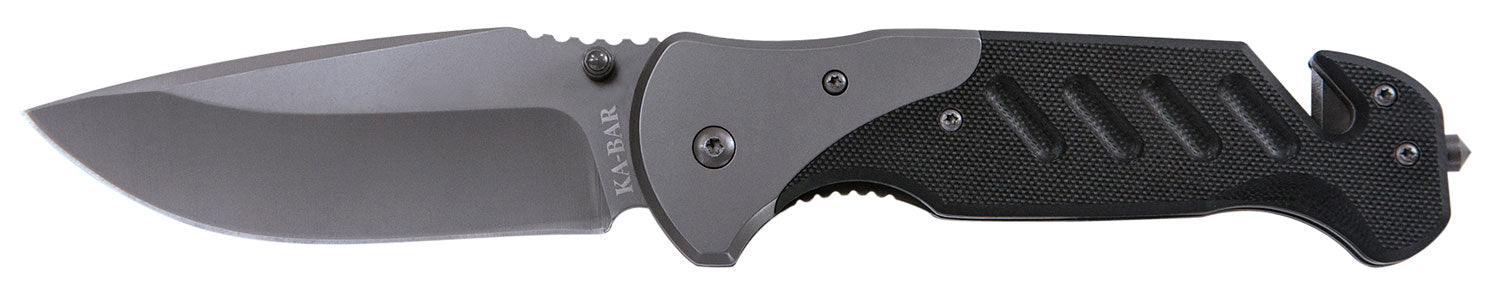 Ka-Bar Coypu 3085 Folder, 3.75" Stonewashed Clip Point Blade, Black G10 Grip, Seat Belt Cutter & Glass Breaker