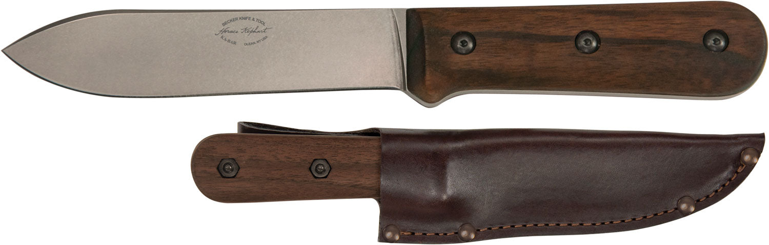 Ka-Bar Becker BK62 Kephart Fixed Knife, 5.13" Stonewashed 1095 Cro-Van Drop Point, Walnut Handle w/ Sheath