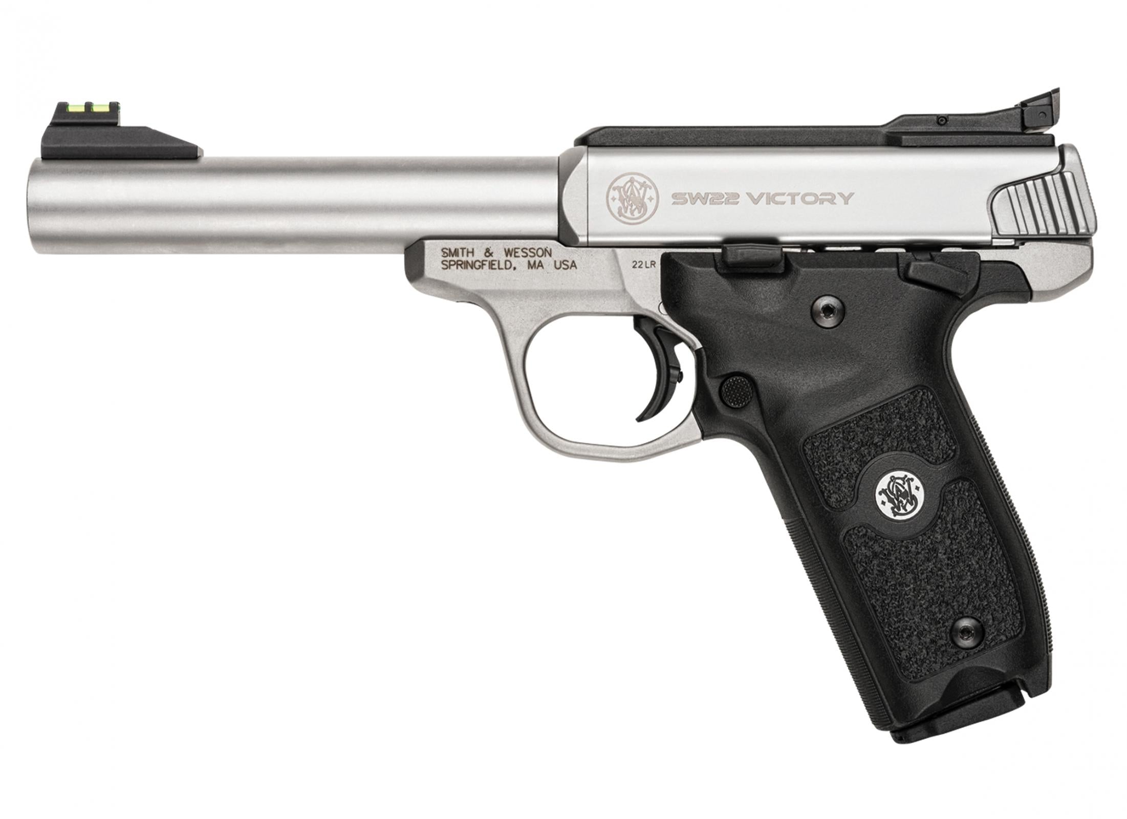 Smith & Wesson 108490 SW22 Victory Full Size Frame 22 LR 10+1, 5.50" Silver Match Grade Barrel, Satin Serrated Slide & Frame, Black Textured Grip, Thumb Safety