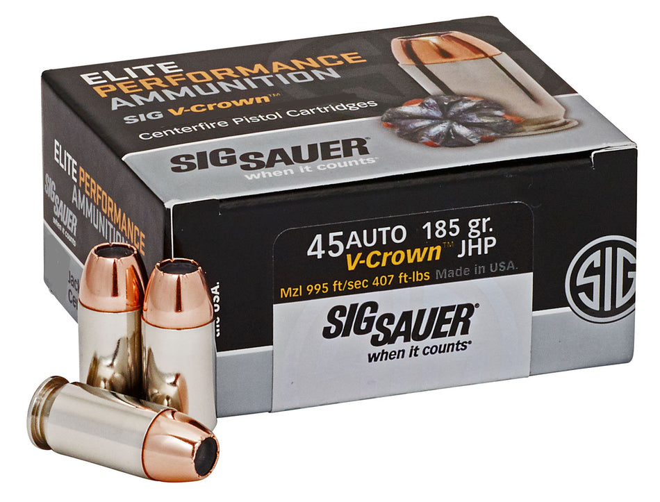 Sig Sauer Elite Performance .45 ACP/Auto 185 grain V Crown Jacketed Hollow Point ammunition