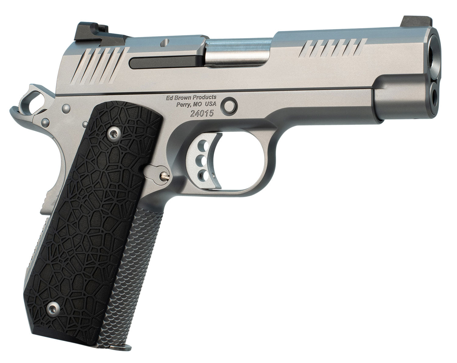Ed Brown EVOKC9 1911 EVO KC9 9mm Luger 9+1 4" Barrel, Snakeskin Serrated Stainless Steel Bobtail Frame, Serrated Slide w/Recessed Slide Stop, Black G10 Grip