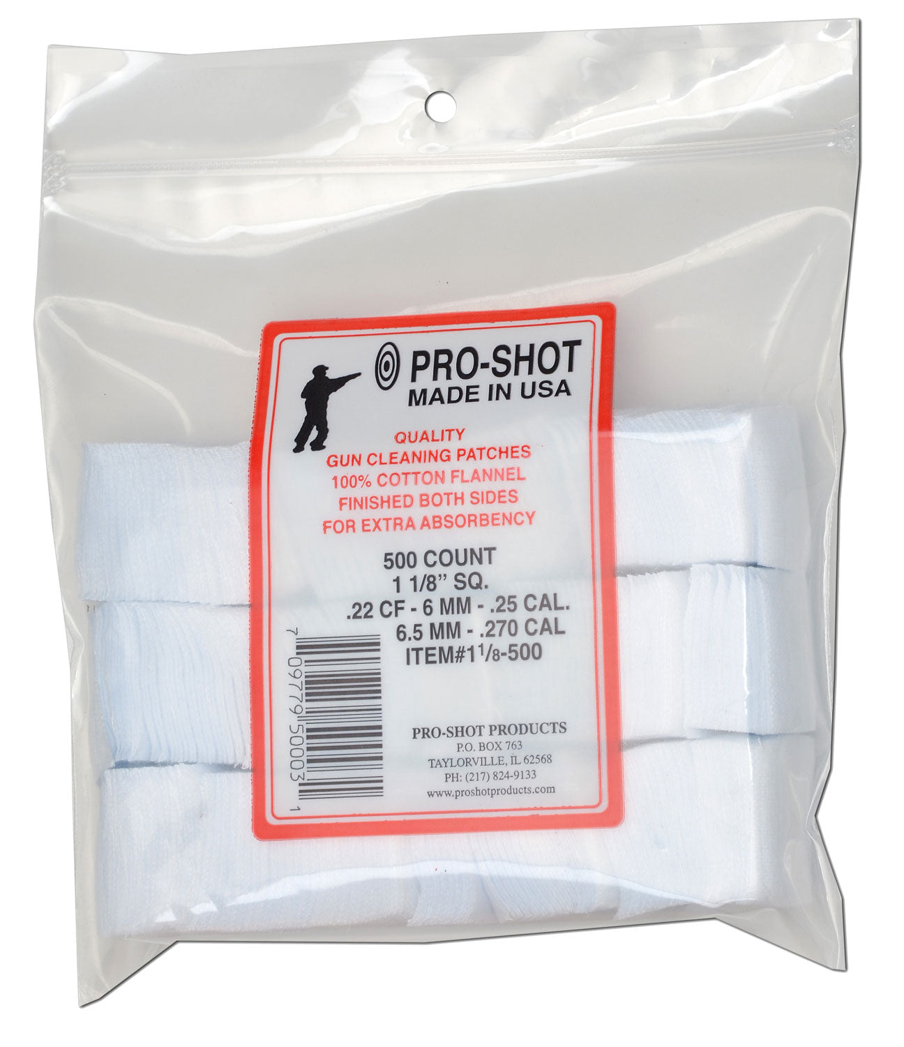 Pro-Shot 118500 1.125" Square Cotton Flannel Cleaning Patches .22/.270 Caliber 500 Pack