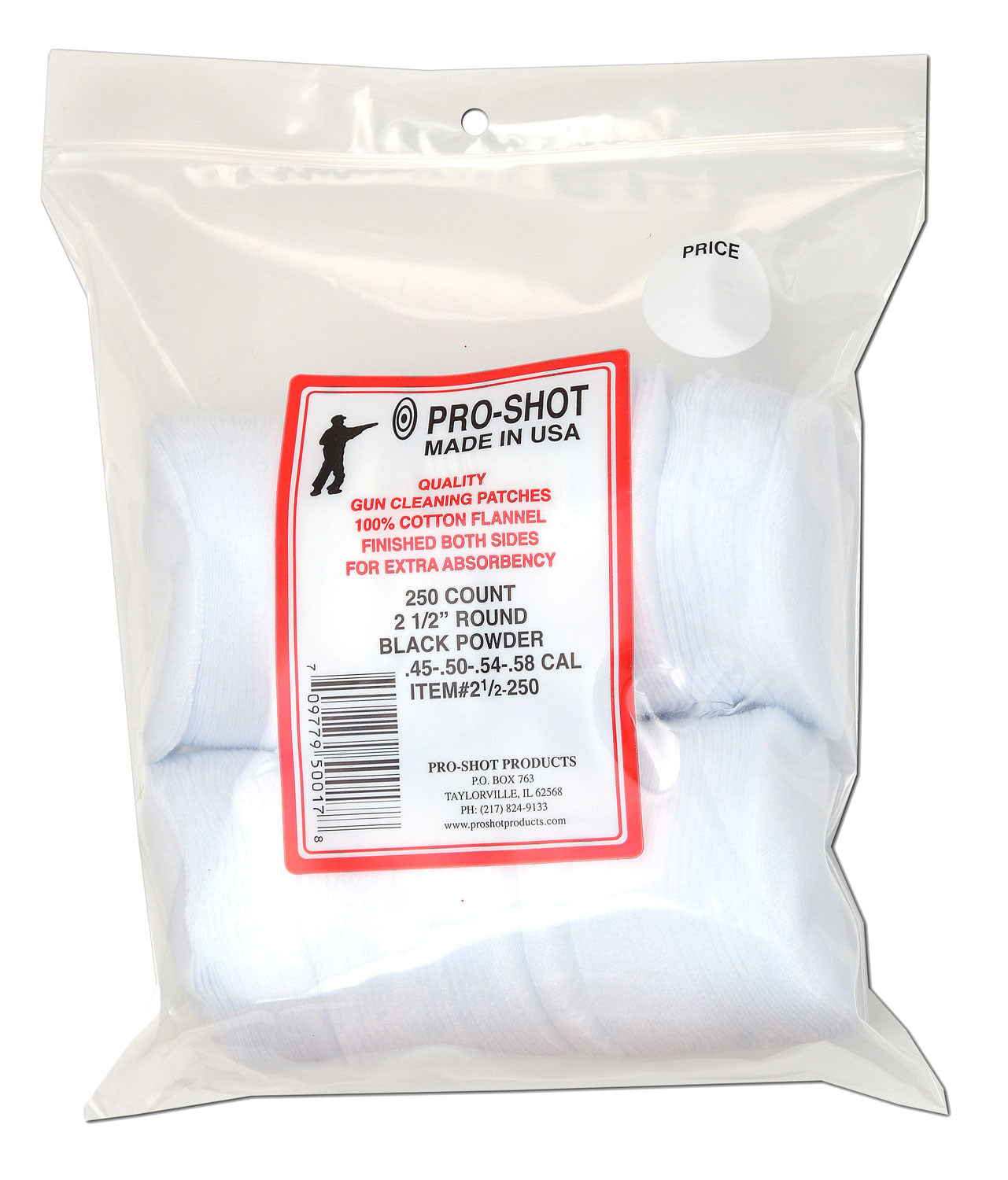 Pro-Shot 212250 2.50" Round Cotton Flannel Patches .45-.58 Cal 250 Pack