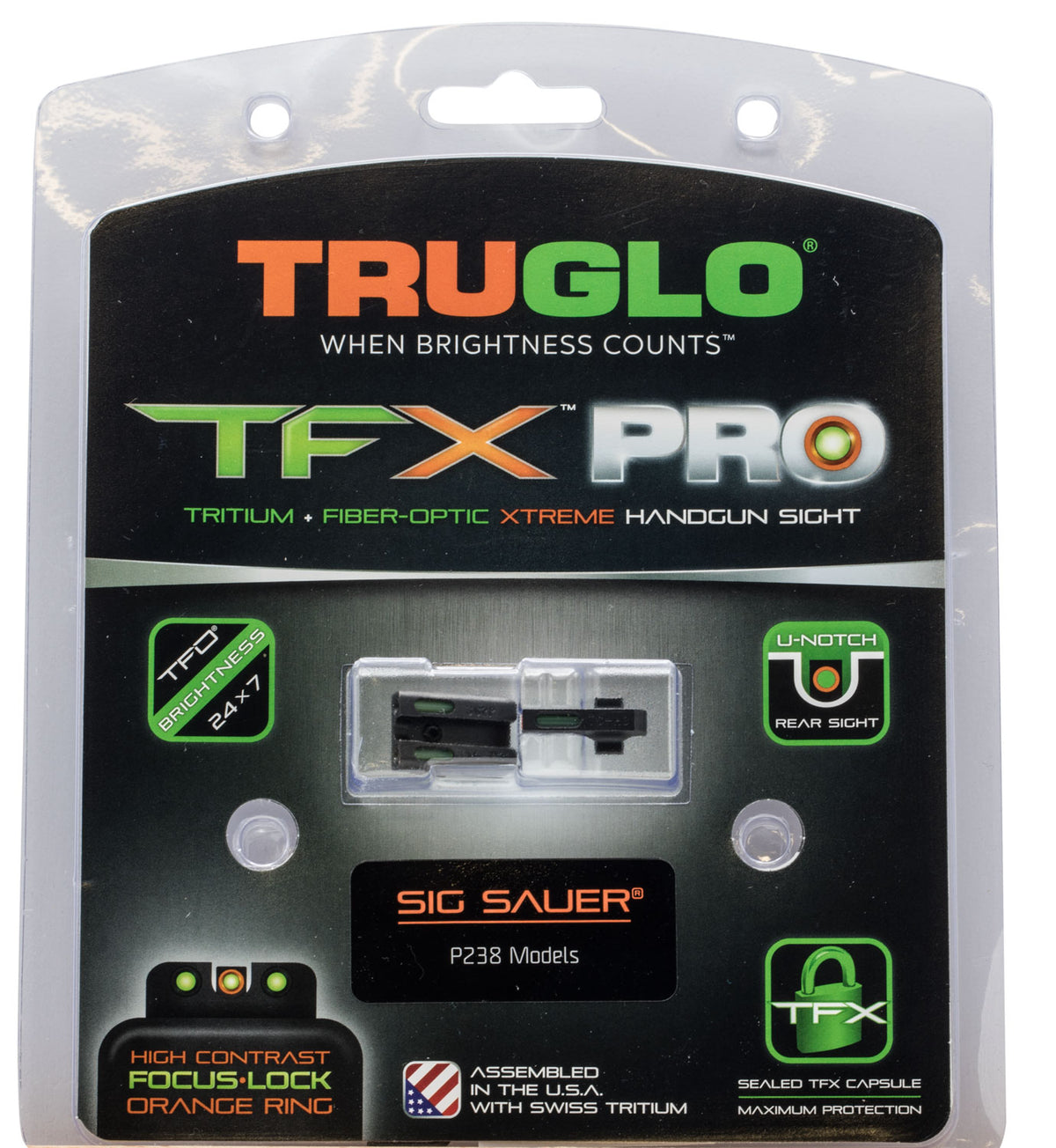 TruGlo TFX Pro Tritium Fiber Optic Iron Sight Set Orange Outline Front Green Rear for SIG