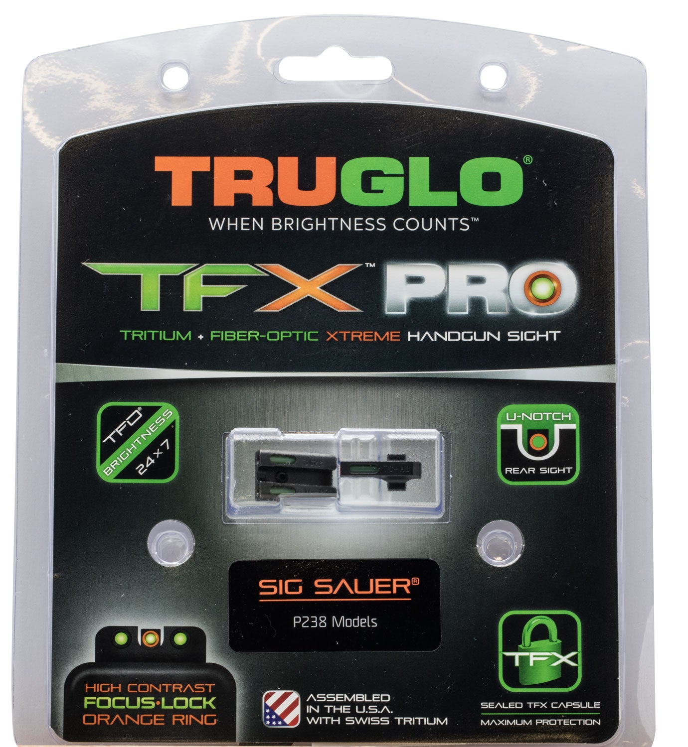 TruGlo TFX Pro Tritium Fiber Optic Iron Sight Set Orange Outline Front Green Rear for SIG