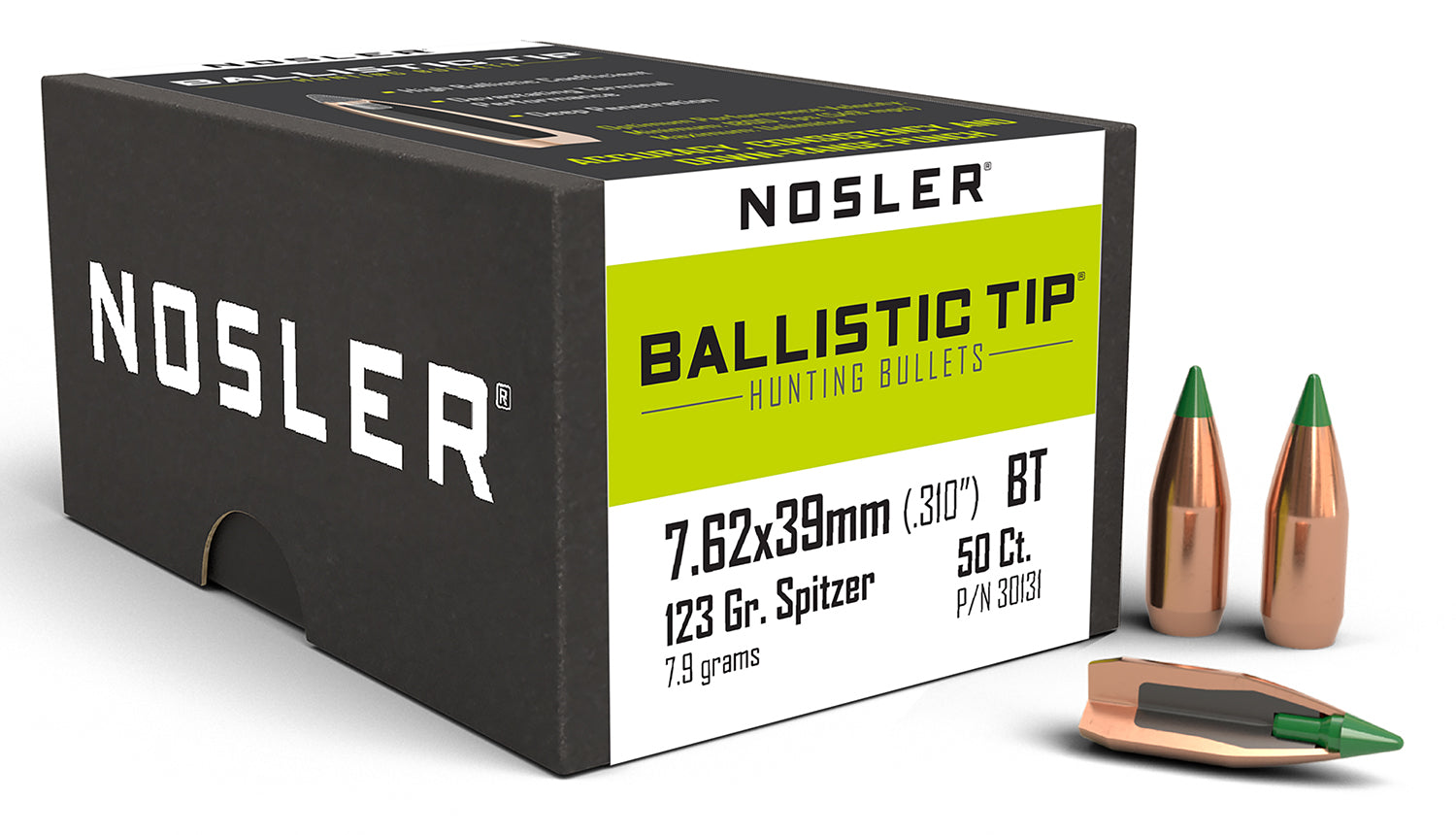Nosler 30131 Ballistic Tip 7.62x39mm 123gr Spitzer Boat Tail Bullets 50/Box