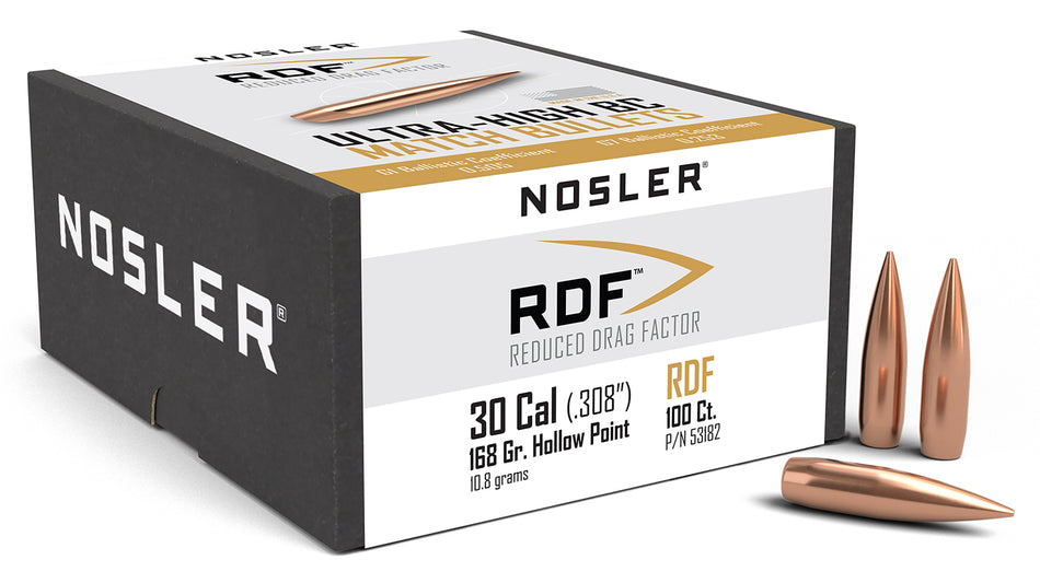 Nosler 53182 RDF Match 30 Cal 168gr Hollow Point Boat Tail Bullets 100/Box