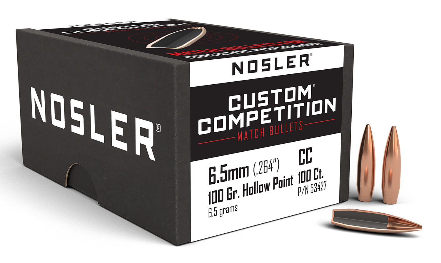 Nosler 53427 Custom Competition 6.5mm 100gr Hollow Point Boat Tail Bullets 100/Box