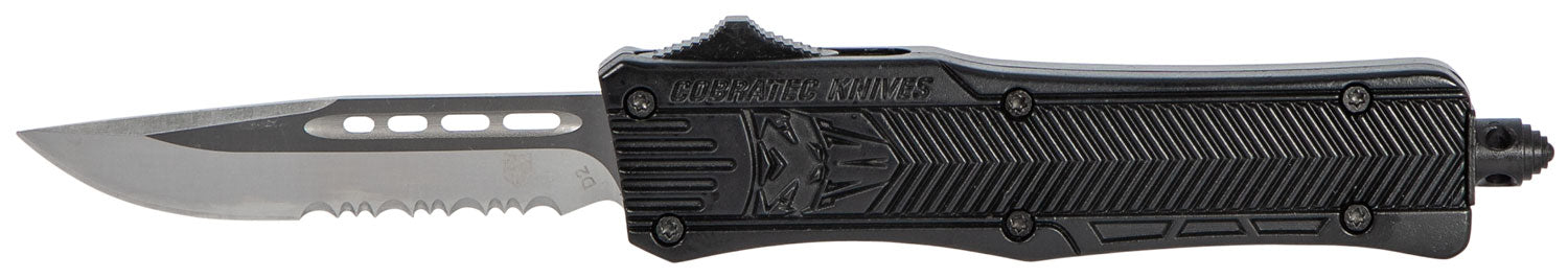 CobraTec CTK-1 Small OTF 2.75" Drop Point Serrated D2 Steel Black Aluminum Handle Glass Breaker Pocket Clip