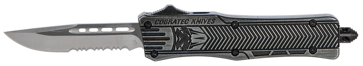 CobraTec CTK-1 Small OTF 2.75" Part Serrated D2 Steel Black Stonewashed Aluminum Handle Glass Breaker Pocket Clip