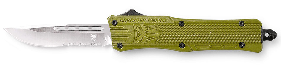 CobraTec CTK-1 Small OTF 2.75" Drop Point Part Serrated D2 Steel OD Green Aluminum Handle Glass Breaker Pocket Clip