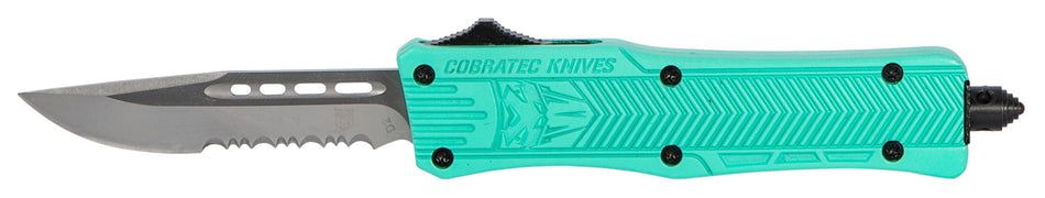 CobraTec CTK-1 Small OTF 2.75" Drop Point Part Serrated D2 Steel Tiffany Blue Aluminum Handle Glass Breaker Pocket Clip