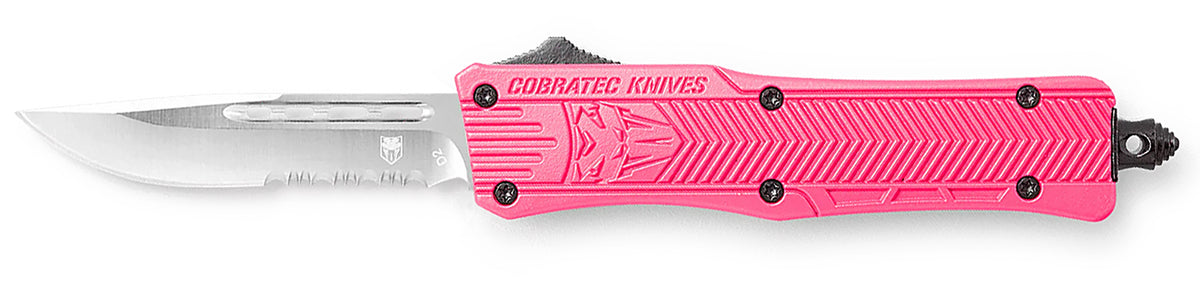 CobraTec CTK-1 Small 2.75" OTF Part Serrated D2 Pink Aluminum Handle w/ Glass Breaker and Clip