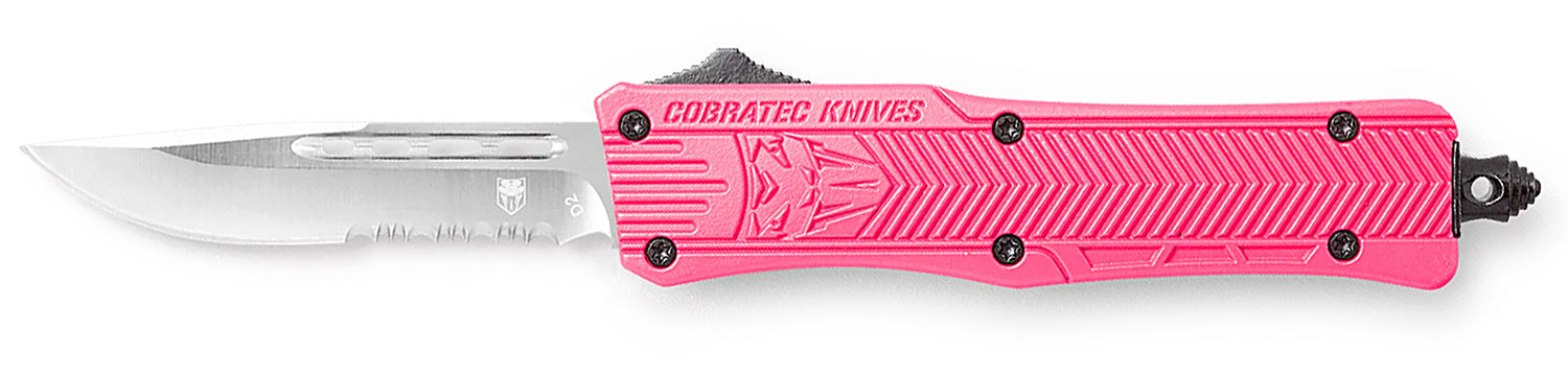 CobraTec CTK-1 Small 2.75" OTF Part Serrated D2 Pink Aluminum Handle w/ Glass Breaker and Clip