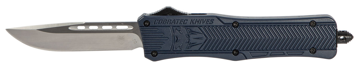 CobraTec CTK-1 Medium 3" OTF Drop Point Plain D2 NYPD Blue Aluminum Handle w/ Glass Breaker
