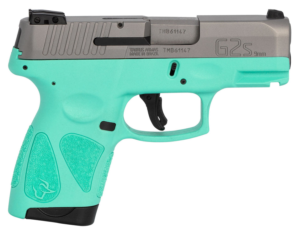 Taurus 1G2S939C G2S Compact Frame 9mm Luger 7+1 3.26" Matte Stainless Steel Barrel, Matte Serrated Stainless Steel Slide, Cyan Polymer Frame w/Picatinny Rail & Polymer Grip, Right Hand