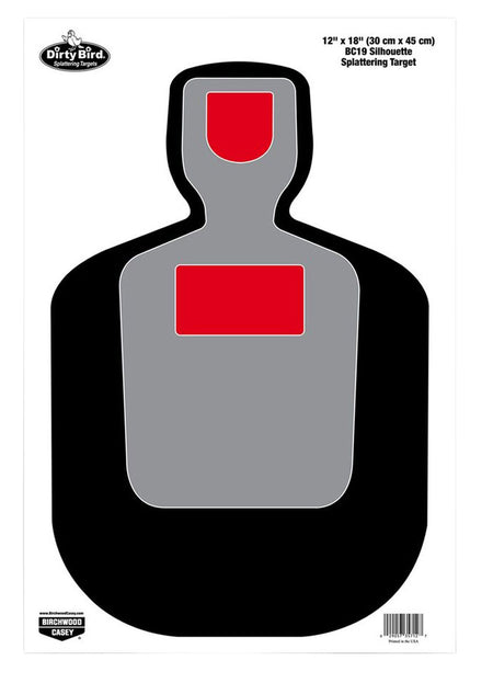 Birchwood Casey Dirty Bird BC-19 Silhouette Hanging Paper Pistol Target 12"x18" Black/Gray/Red Impact Splatter 100 Per Pkg 35712