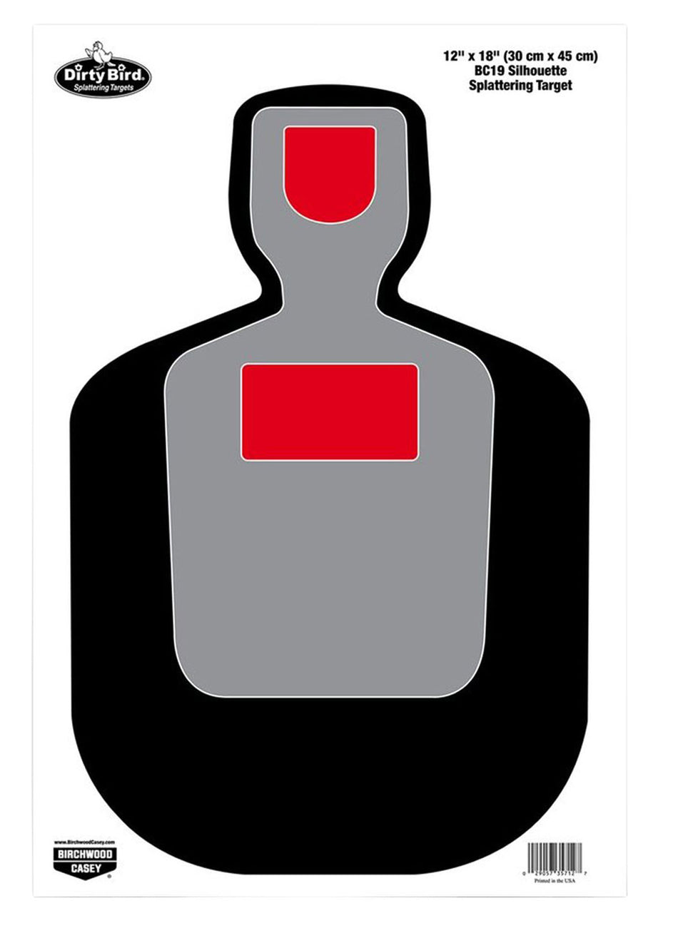 Birchwood Casey Dirty Bird BC-19 Silhouette Hanging Paper Pistol Target 12"x18" Black/Gray/Red Impact Splatter 100 Per Pkg 35712