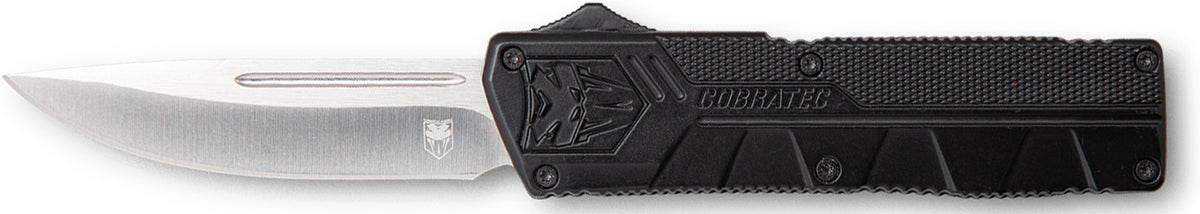 CobraTec Lightweight 3.25" OTF Drop Point Plain D2 Black Aluminum Handle w/ Pocket Clip