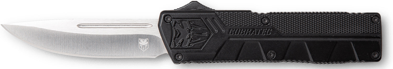CobraTec Lightweight 3.25" OTF Drop Point Plain D2 Black Aluminum Handle w/ Pocket Clip
