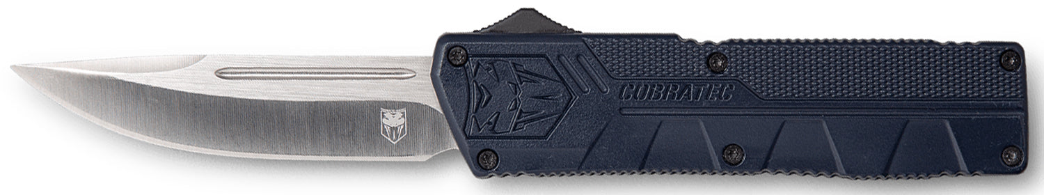 CobraTec Knives NYPD Blue Aluminum Handle 3.25" OTF Drop Point Plain D2 Steel Blade with Pocket Clip