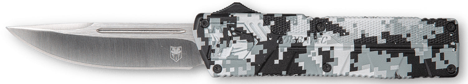 CobraTec Knives Winter Digi Camo Aluminum Handle 3.25" OTF Drop Point Plain D2 Steel Blade with Pocket Clip