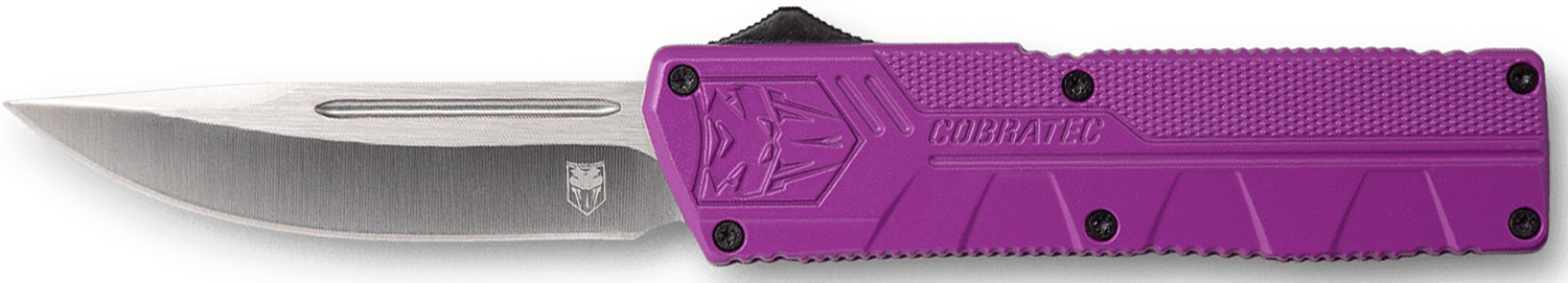 CobraTec Knives Purple Aluminum Handle 3.25" OTF Drop Point Plain D2 Steel Blade with Pocket Clip