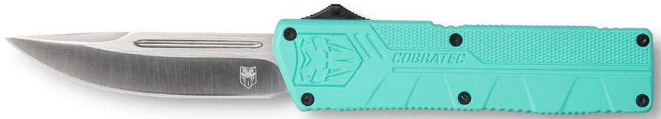 CobraTec Knives Tiffany Blue Aluminum Handle 3.25" OTF Drop Point Plain D2 Steel Blade with Pocket Clip