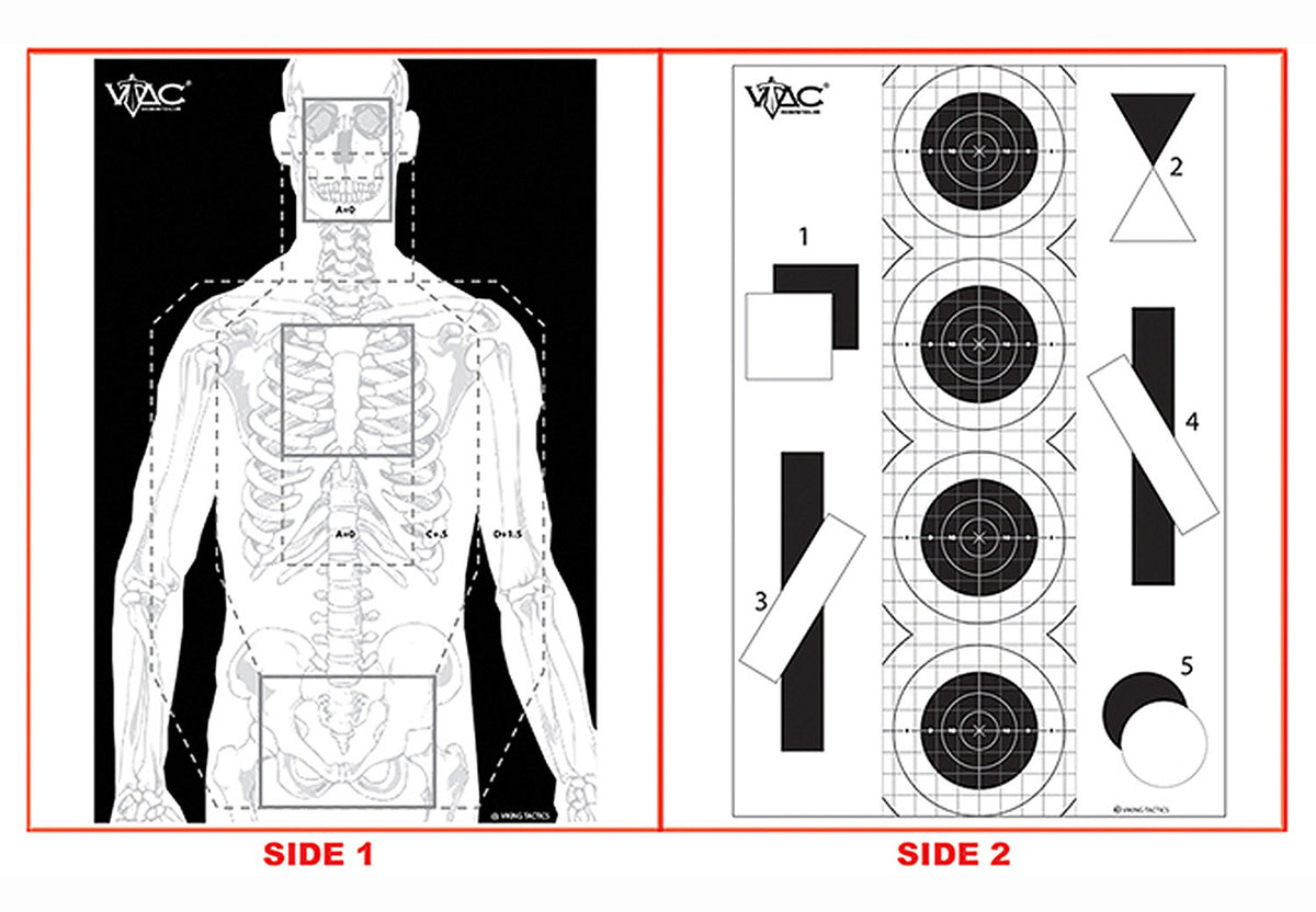 Action Target, VTAC-P, Viking Tactics Double Sided Advanced Training Target, Marksmanship Side Has 4 SR-1C Bulls-Eye Target w/1" Square Sighting Grid, Silhouette Side w/Visible Skeleton, Black/White, 23"x35", 100 Per Box