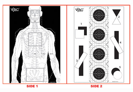 Action Target, VTAC-P, Viking Tactics Double Sided Advanced Training Target, Marksmanship Side Has 4 SR-1C Bulls-Eye Target w/1" Square Sighting Grid, Silhouette Side w/Visible Skeleton, Black/White, 23"x35", 100 Per Box